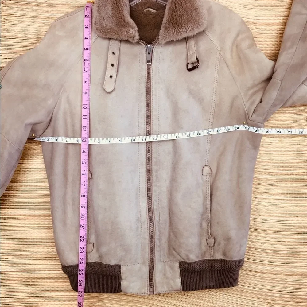 100% Gewachsenes Lammfell Suede Shearling Aviator Bomber Jacket Taupe Sz 50-US M